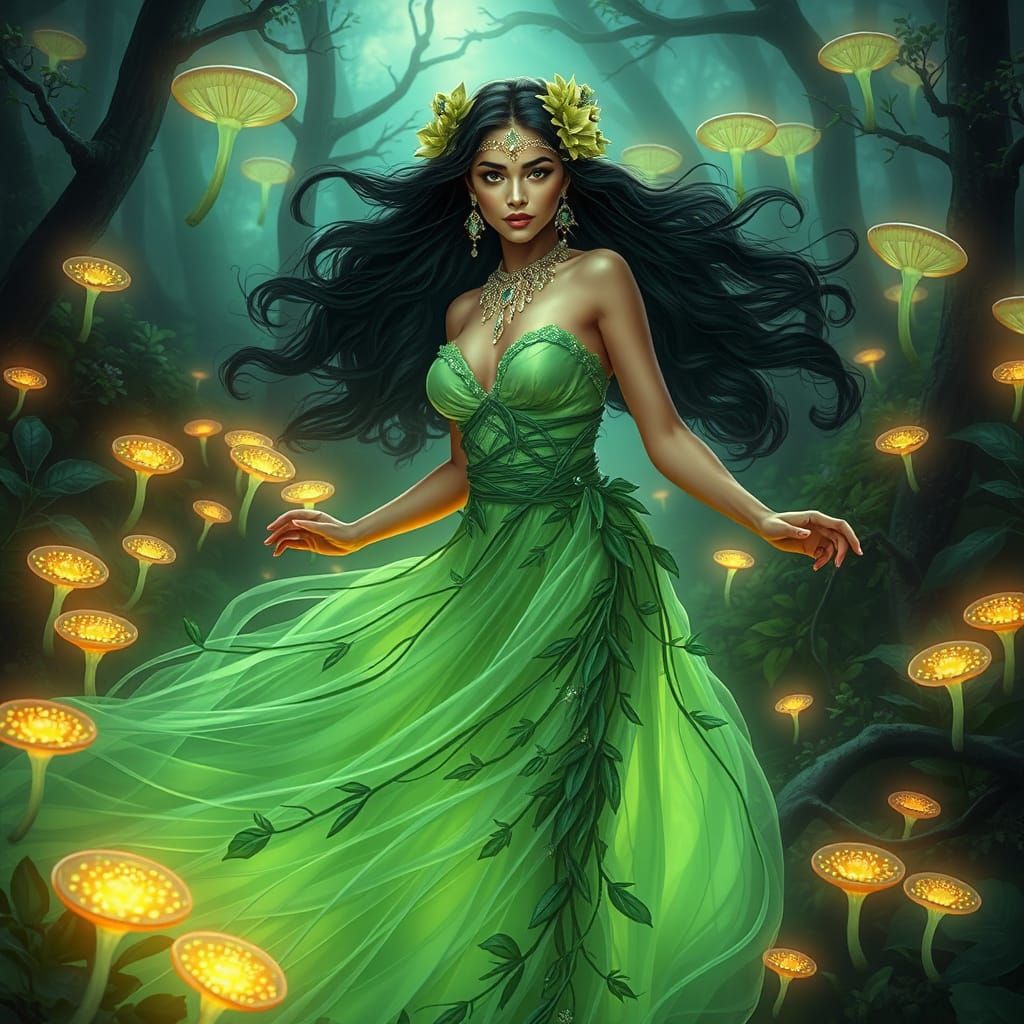 Latina Goddess Emerges from Bioluminescent Forest