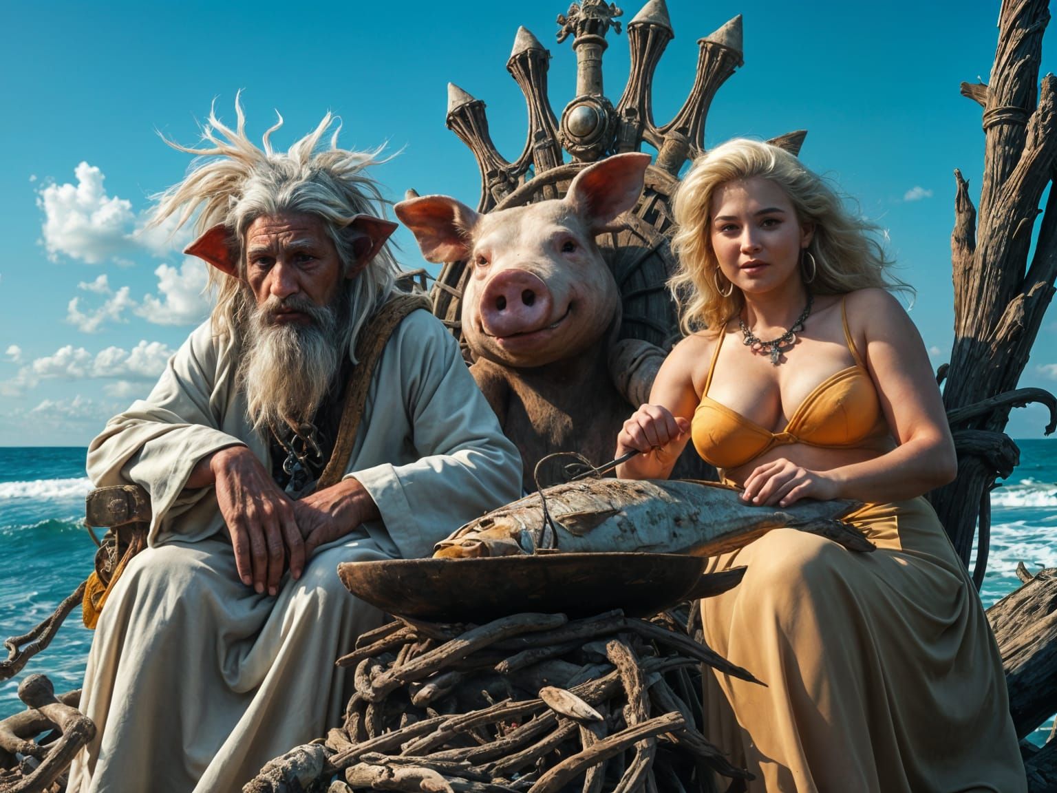 Shipwreck Throne on Deserted Island in Dark Fantasy Style