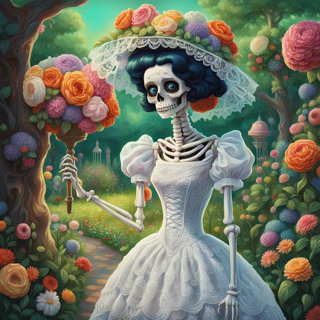Betty Boop Skeleton in Garden, Candy Art