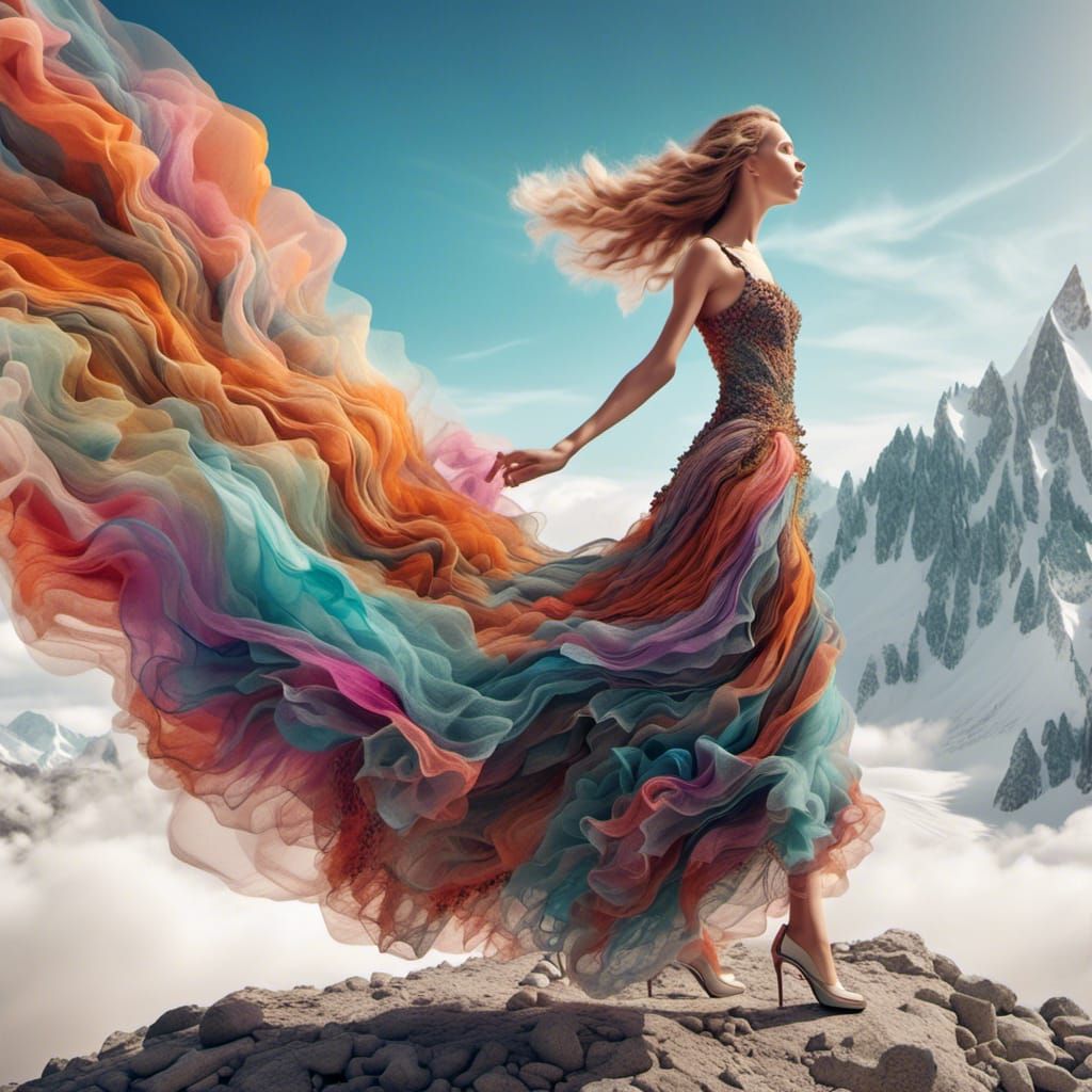 Scandinavian Woman in Tulle Outfit on Mountain