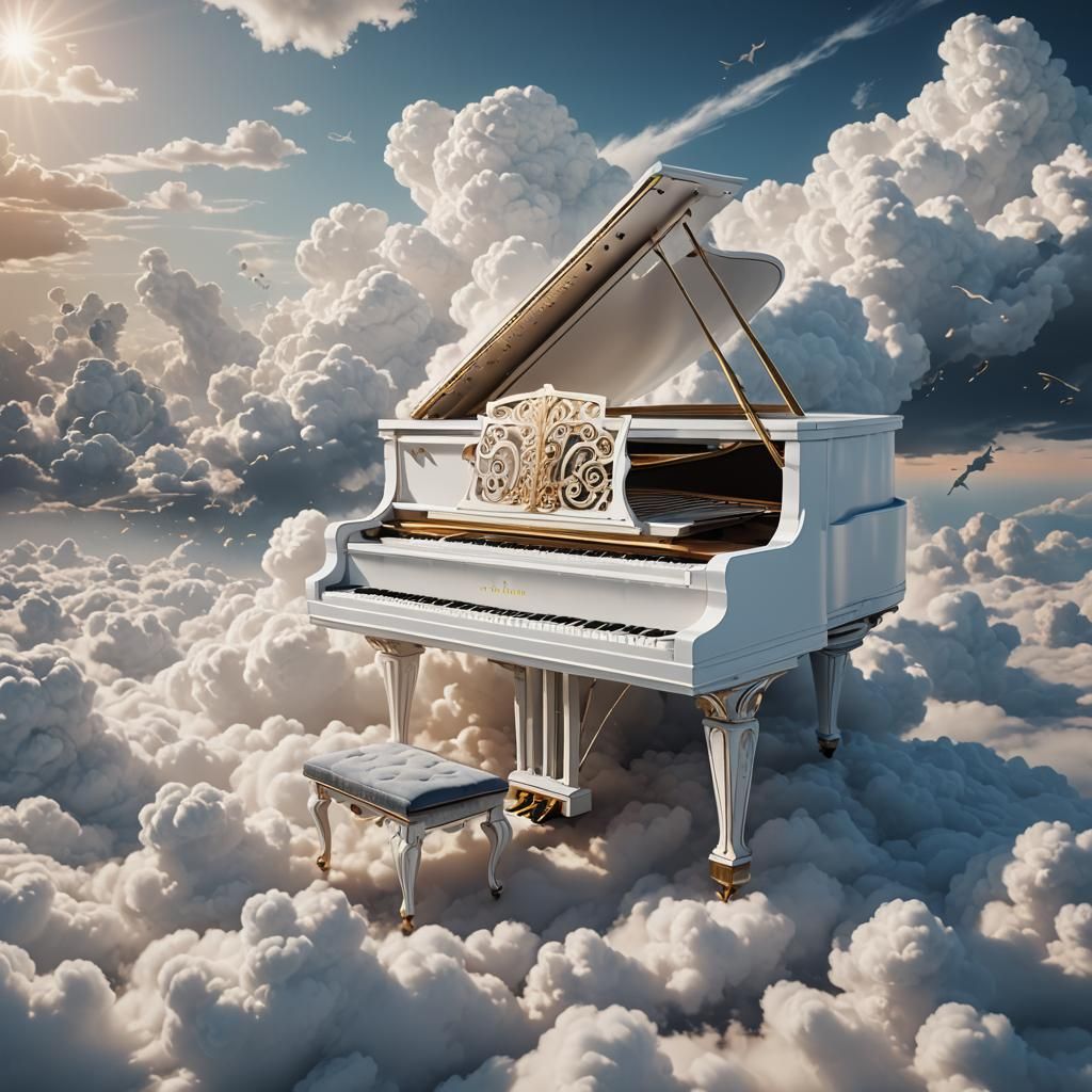 White Piano on Clouds: Fantasy Concept Art