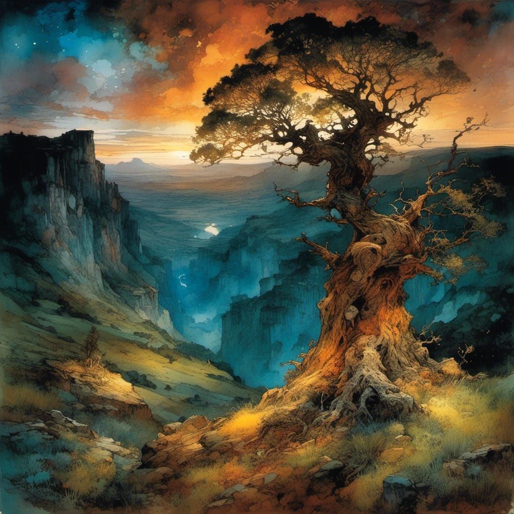 Surreal Landscape at Dusk with Ancient Tree in Ethereal Glow