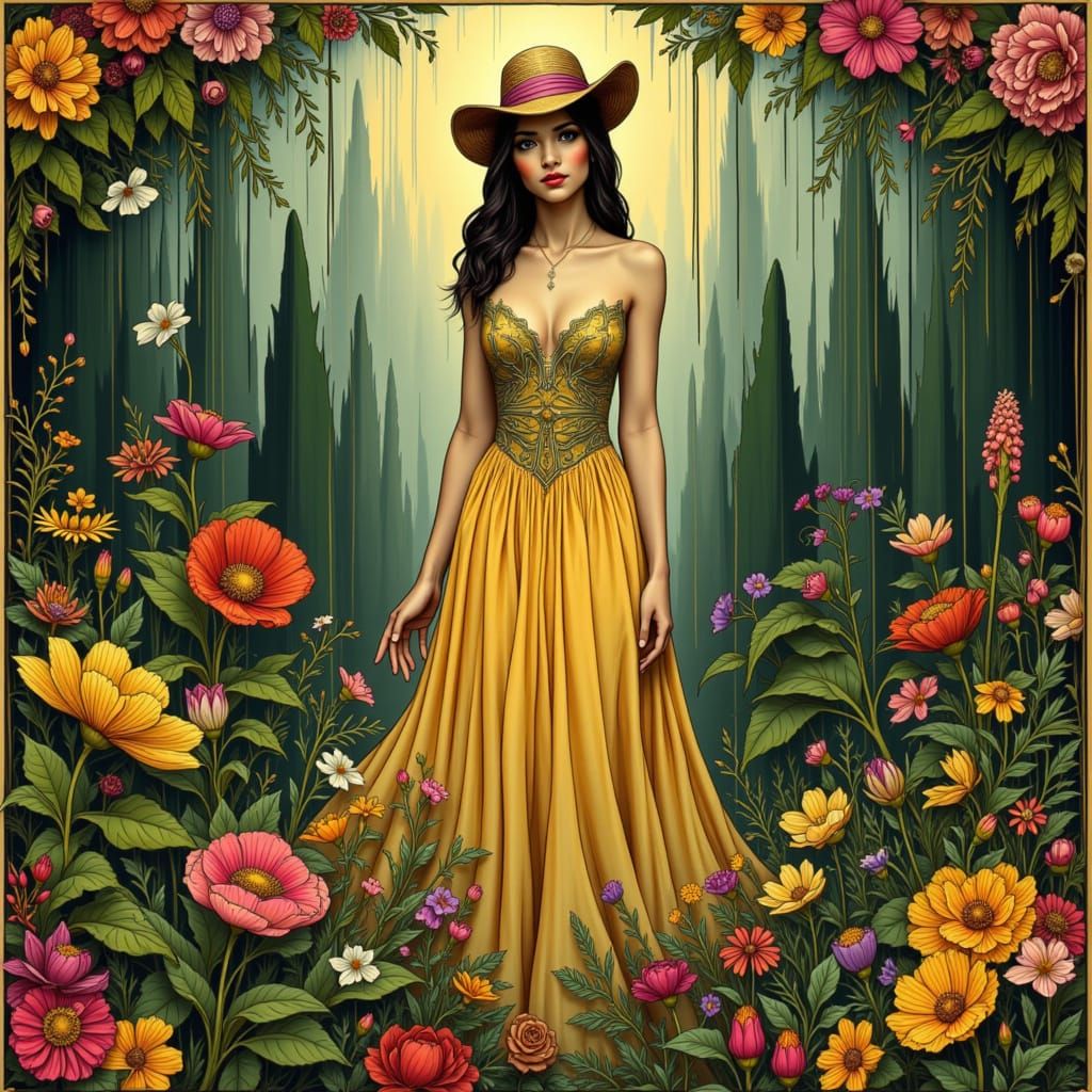 Elegant Woman in Garden, Art Nouveau Style
