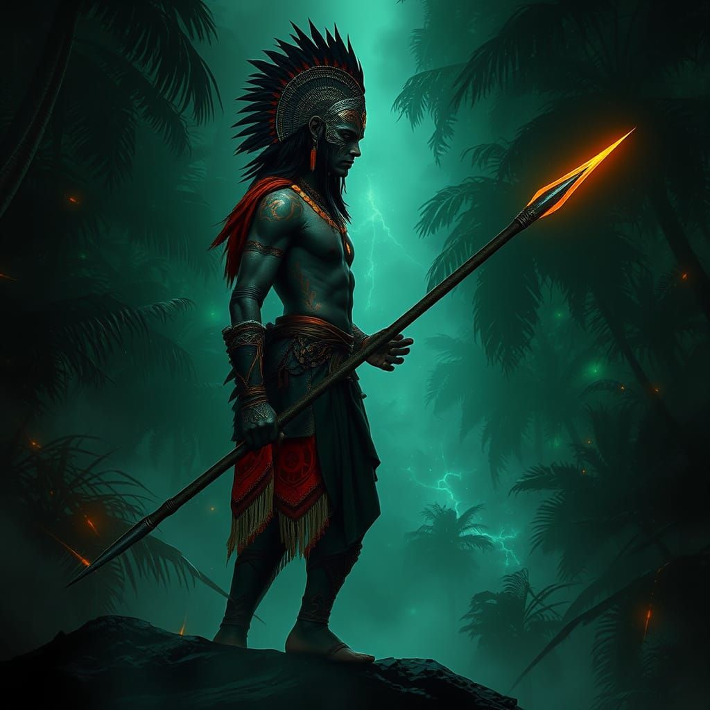 Amazonian Warrior in Bioluminescent Jungle, Dark Fantasy Noi...