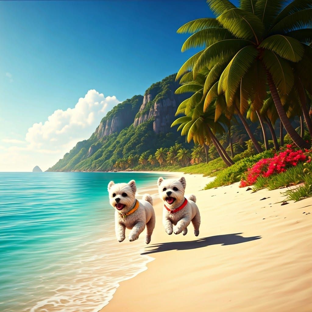 Bichon Frise Dogs Play on Tropical Beach