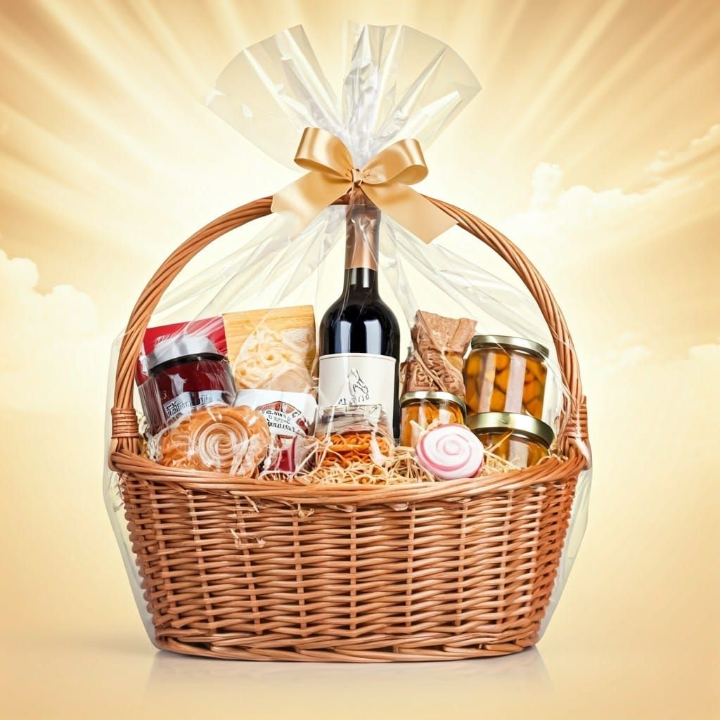 Colorful Wicker Basket Gift with Wine and Sweets