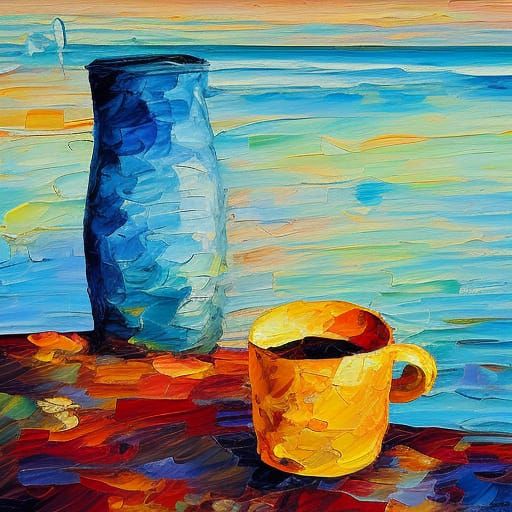 Coffee by the Sea: Expressionist Oil Painting
