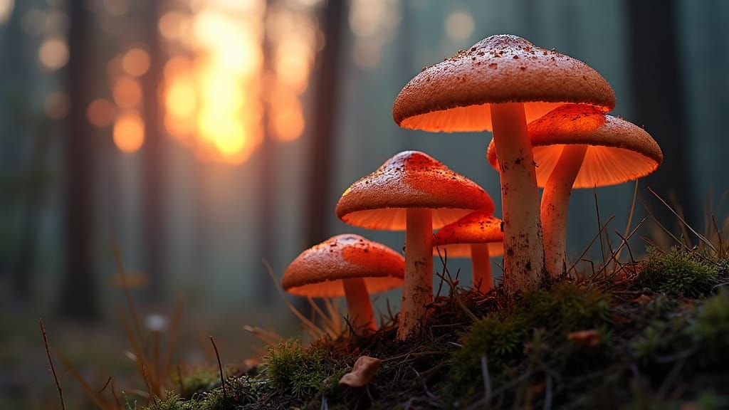 fire ember mushrooms in a rusted viking forest on the last d...