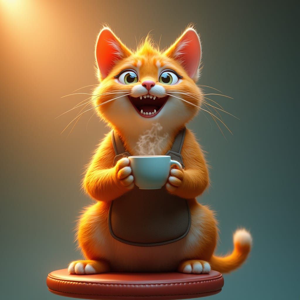 Vibrant Cat Sips Coffee in Retro-Futuristic World