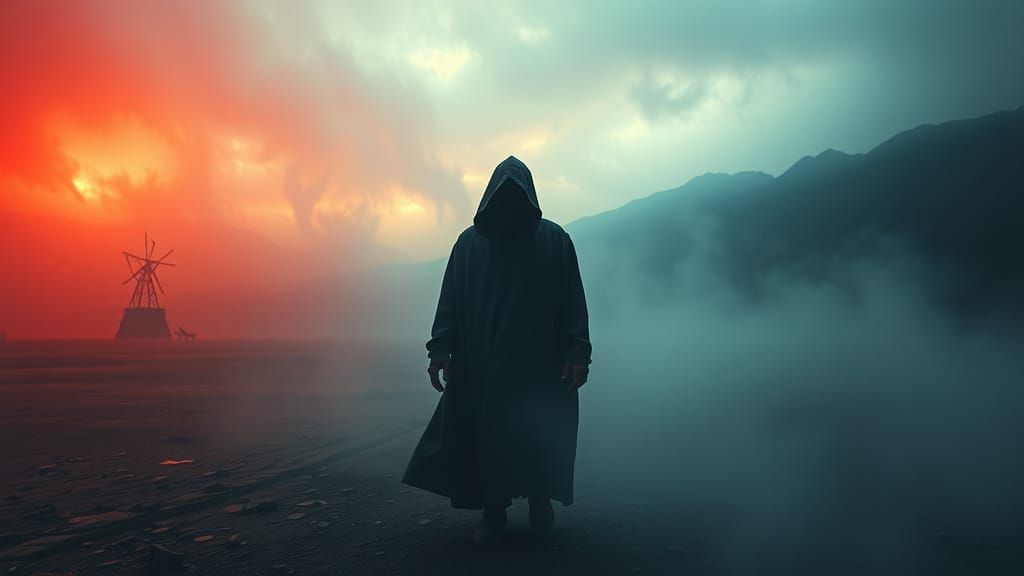 Ominous Figure in Desolate Landscape: Cinematic Photography