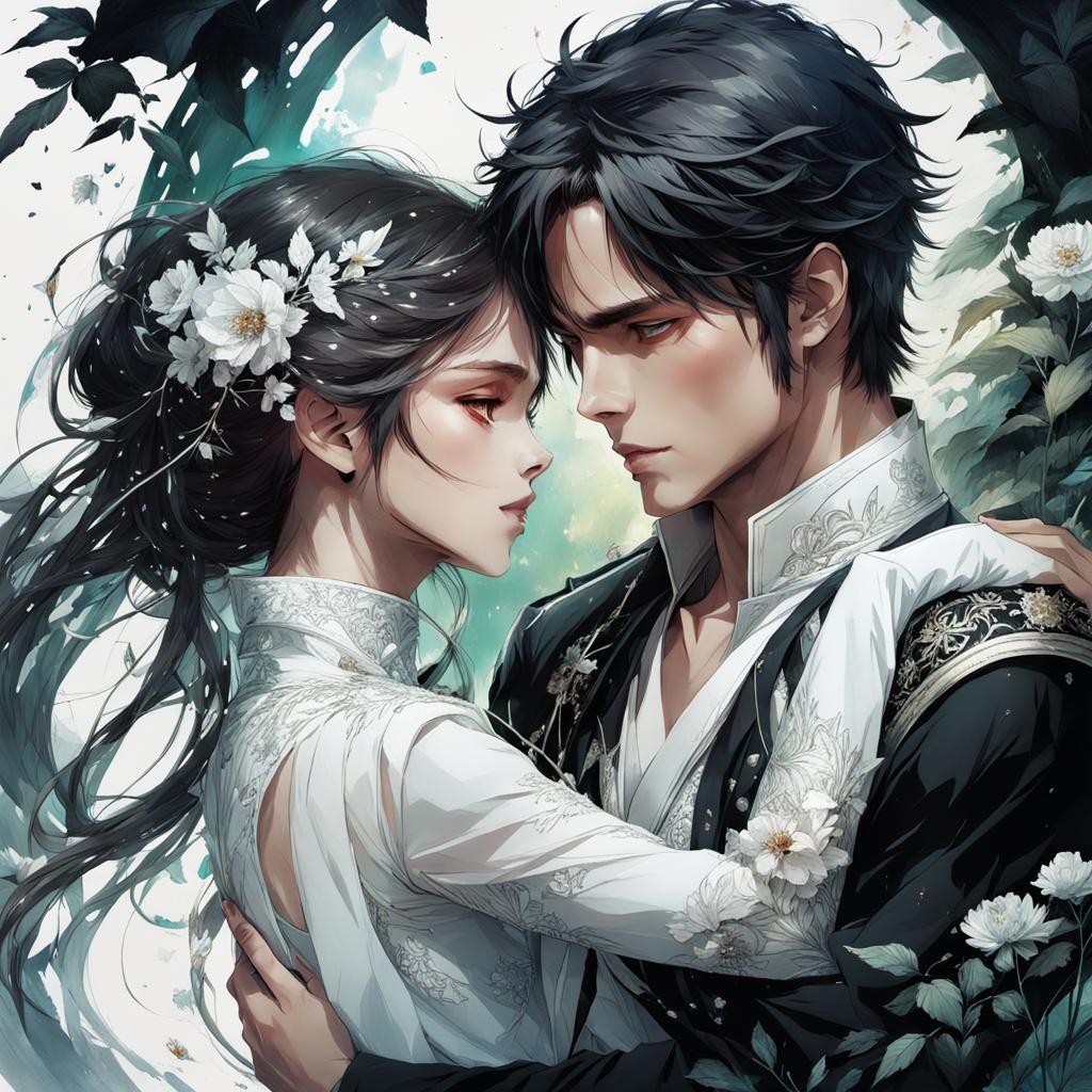 Embracing Royals in Garden: Detailed Manga Art