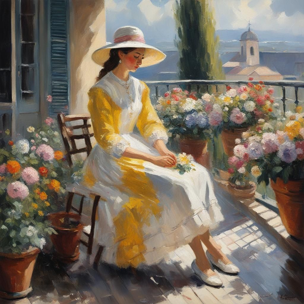 Girl Embroidering on Terrace, Oil Painting