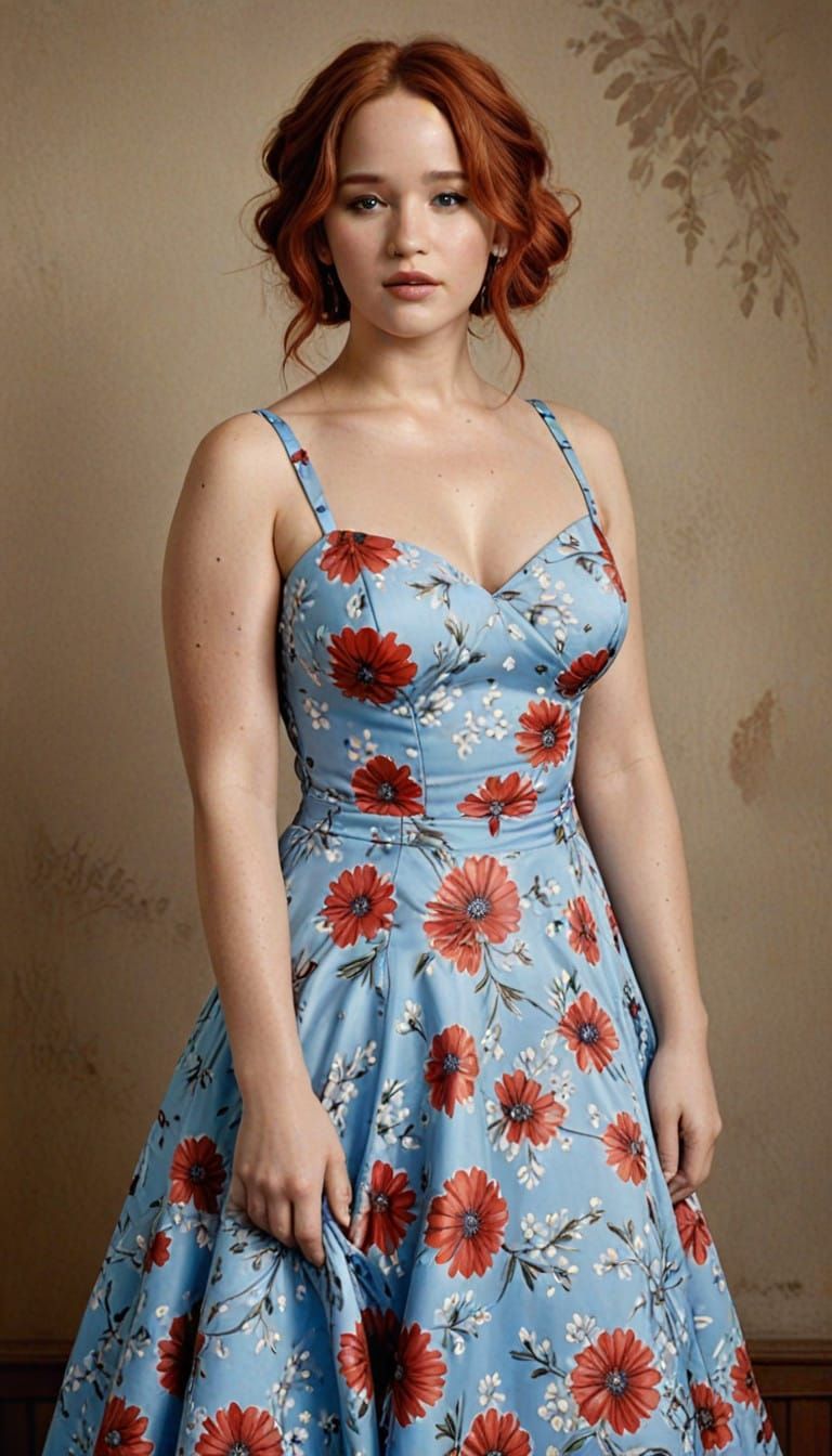 Surreal Portrait of a Plus-Size Woman in Red Hair and Blue F...