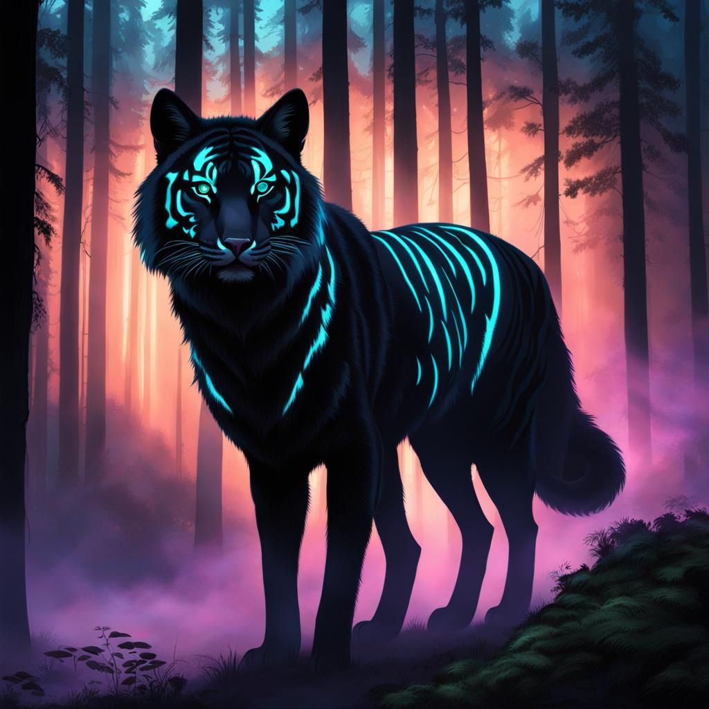 Bioluminescent Fox-Tiger Hybrid in Misty Forest