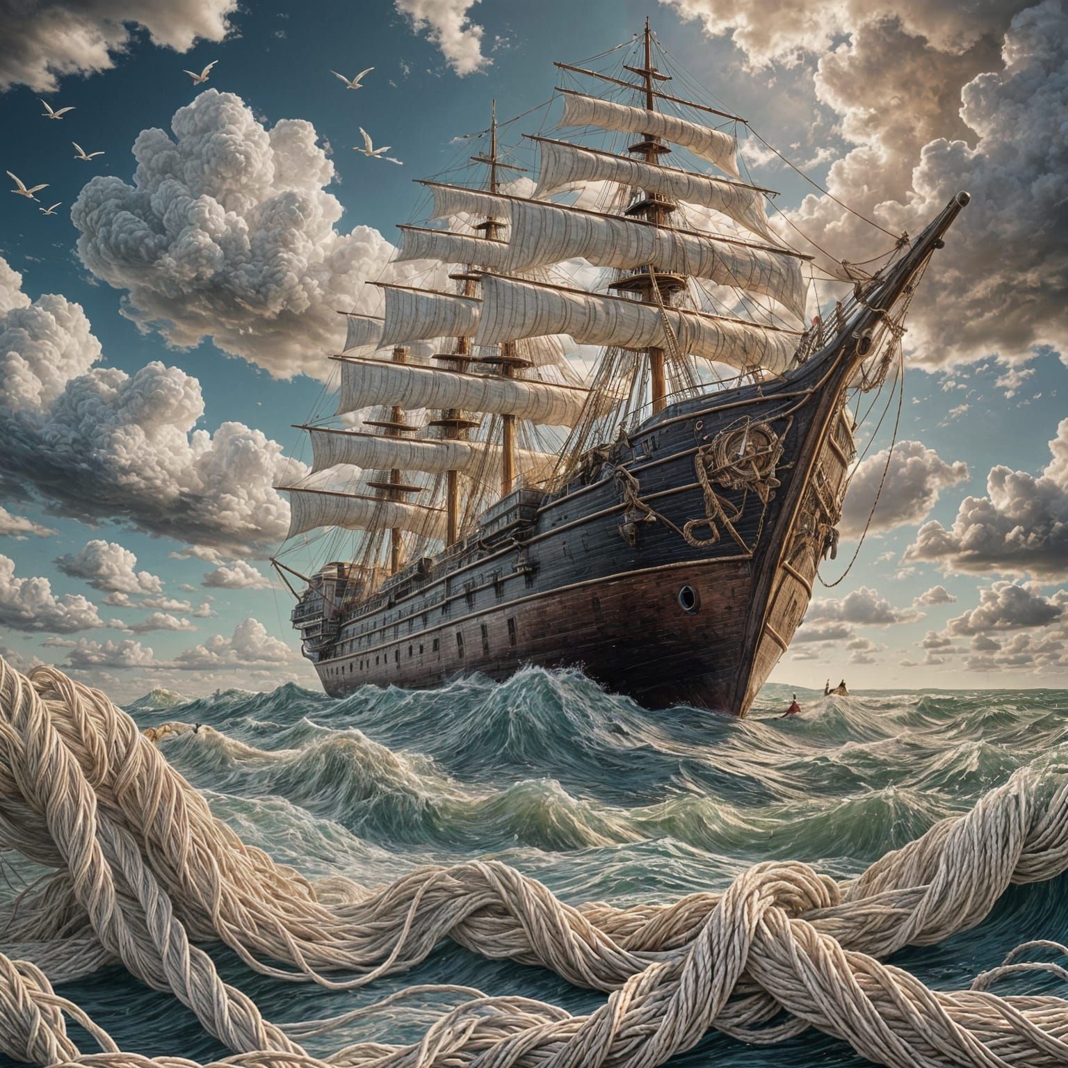 Rope Ship Sailing on Knotted Fabric Waves