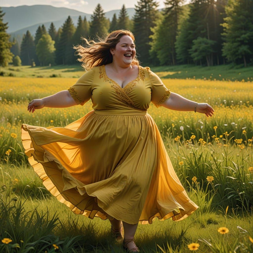 Joyful Woman in Yellow Dress Dancing in Sunlit Meadow