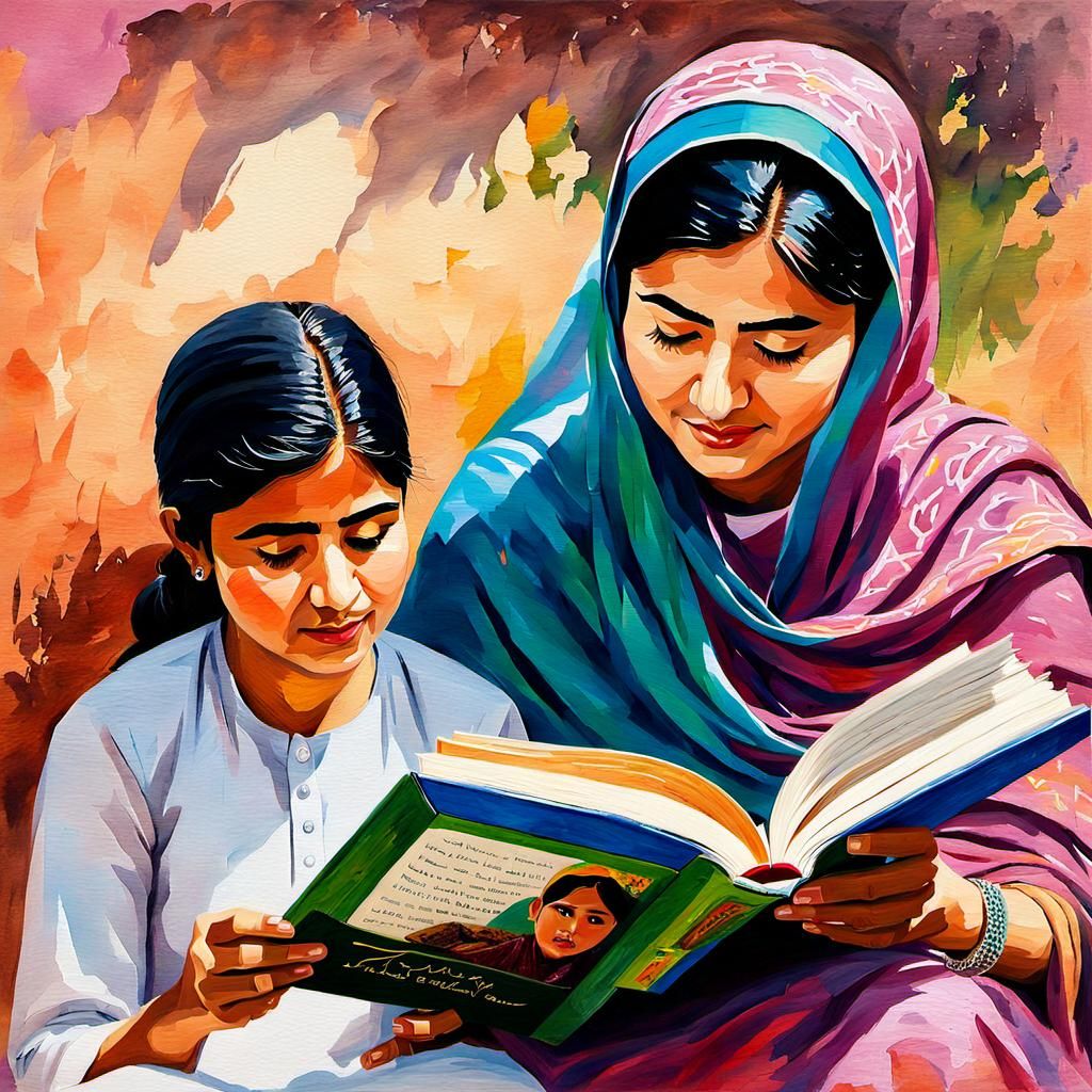Malala Yousafzai teaching a young girl how to read
