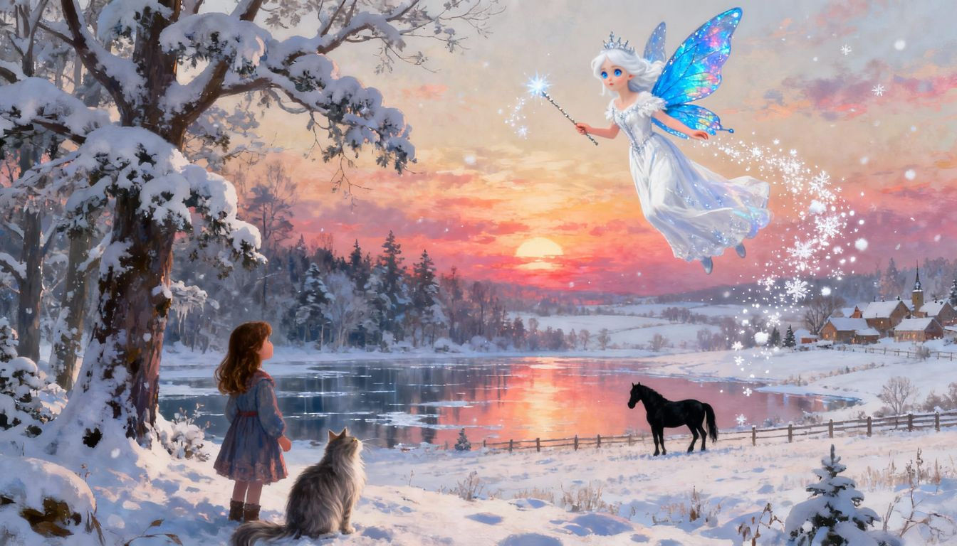 Winter Fairy Queen Flies Over Snowy Landscape at Sunset