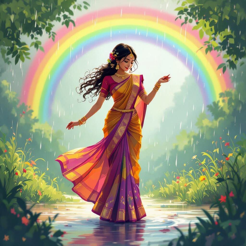 Girl Dancing in Rainy Weather with Rainbow Background