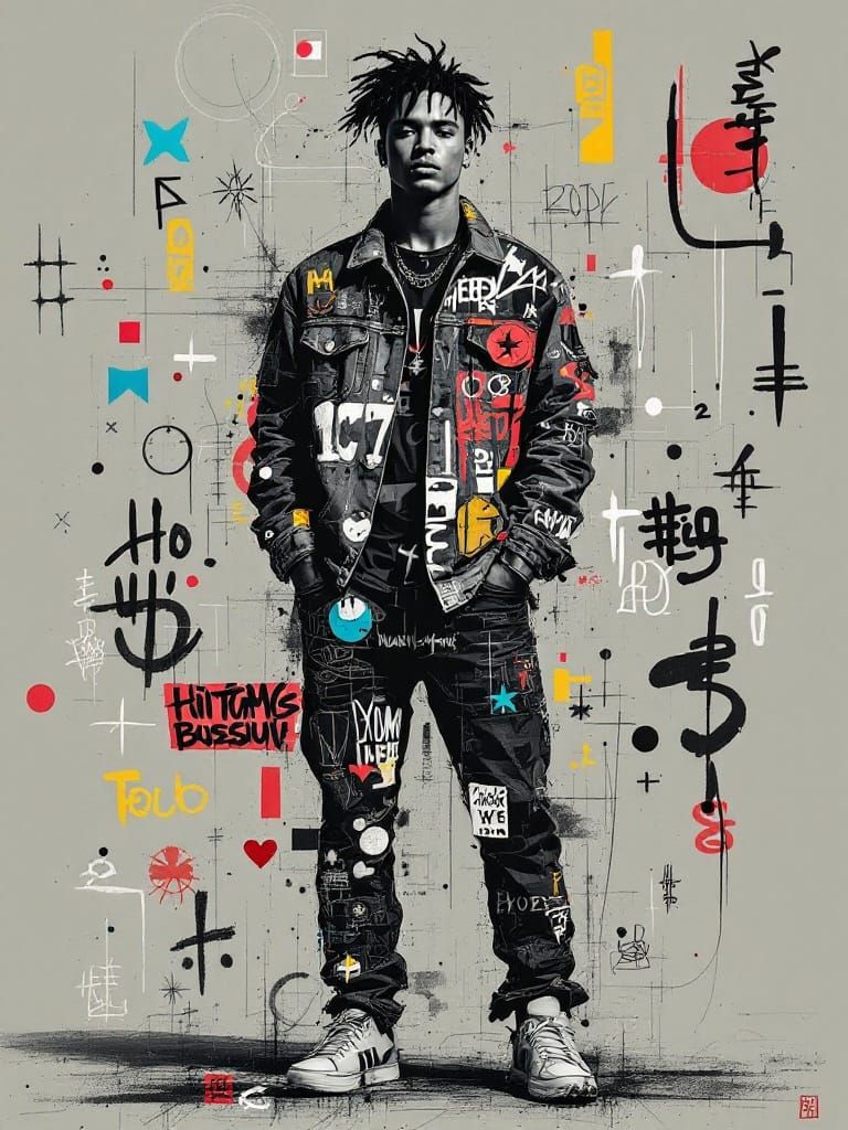 Confident Urban Icon in Graffiti-Inspired Denim Jacket