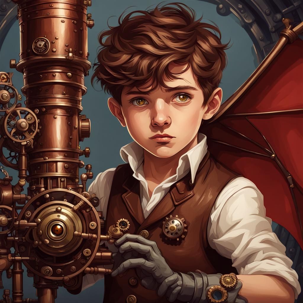 Boy with Bat near Steampunk Engine