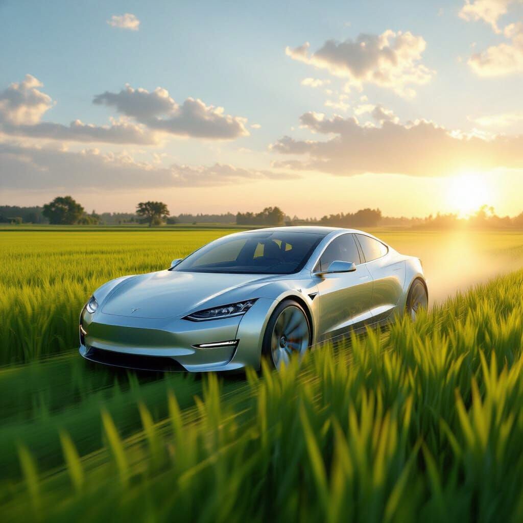 Tesla Races Through Rice Field in Cyberpunk Style