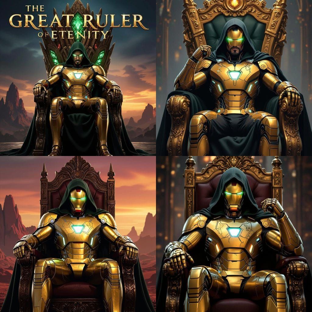 Regal Man in Golden Iron Man Armor on Ornate Throne