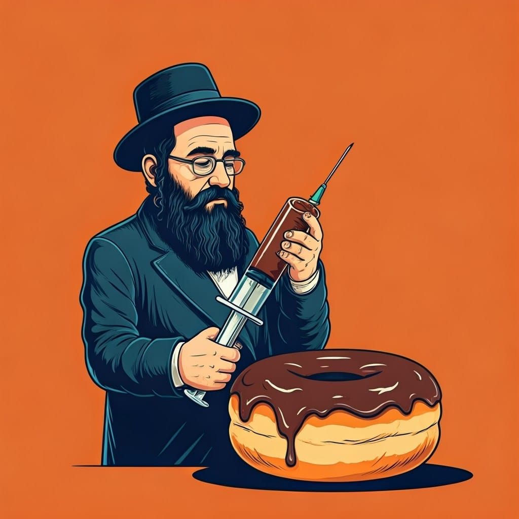 A Hasidic Jew in Whimsical Illustration Style Injects Chocol...