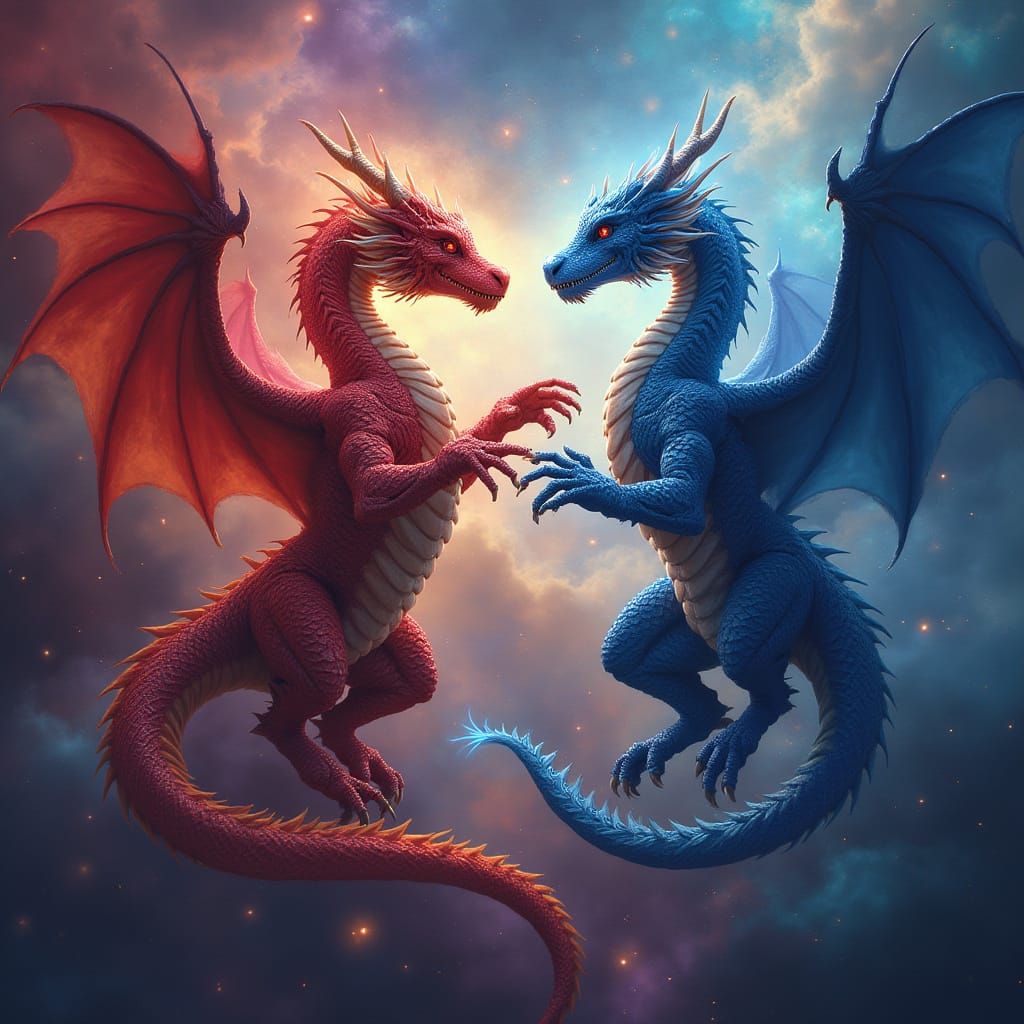 Red and Blue Dragons Dancing in Nebula, Art Nouveau