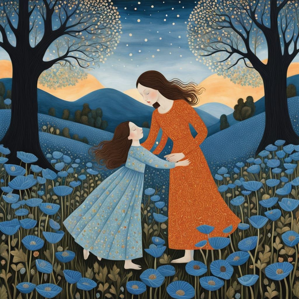 Surreal Mother Goddess Dances with Star-Child Among Vibrant ...