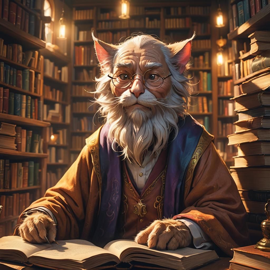 Wise Man Transforms to Cat in Colorful Study