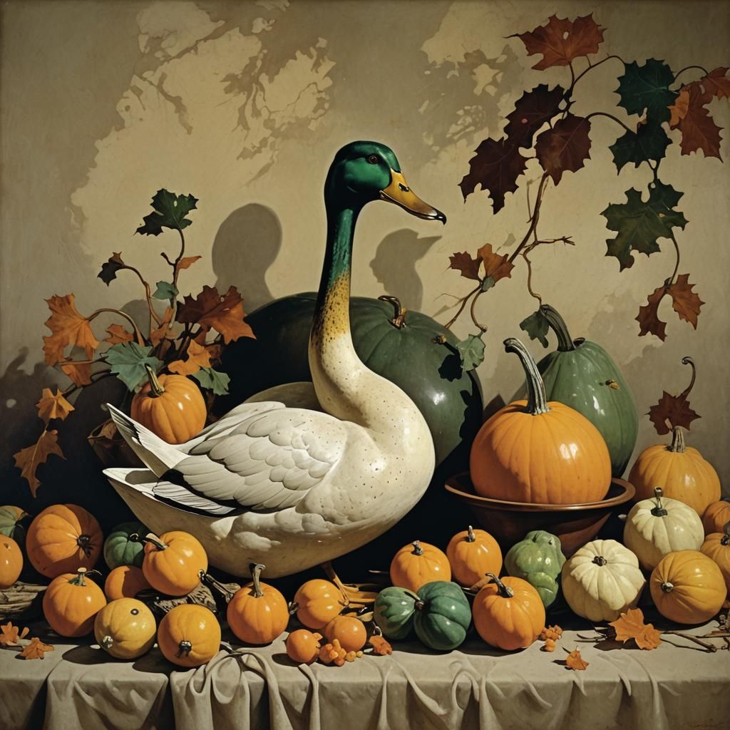 Duck and Gourds Still Life in Golden Age Style
