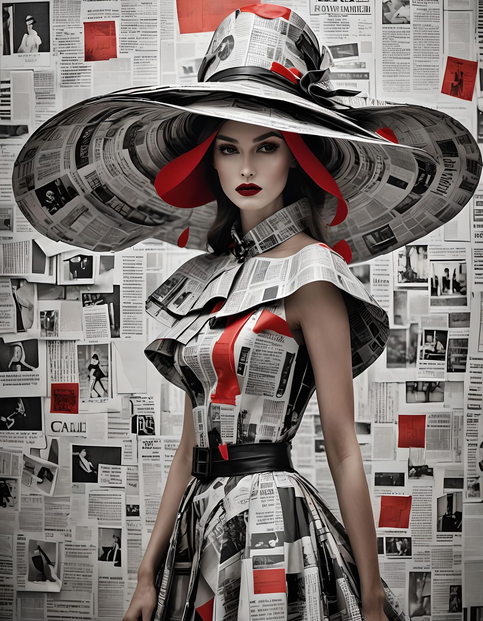 Elegant Model in Newspaper Hat, Haute Couture Photography