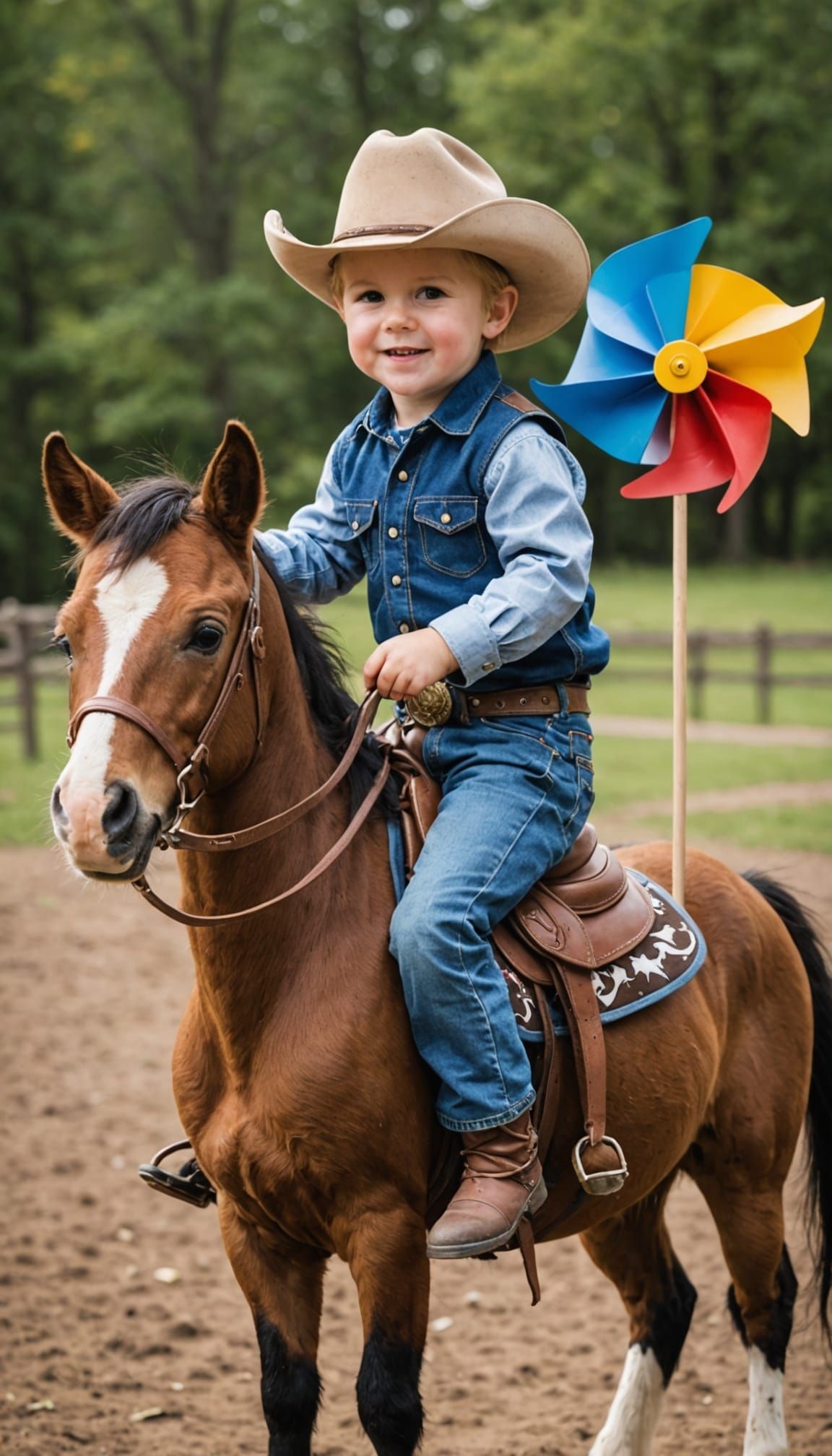 Toddler Cowboy Rides Pony with Pinwheel