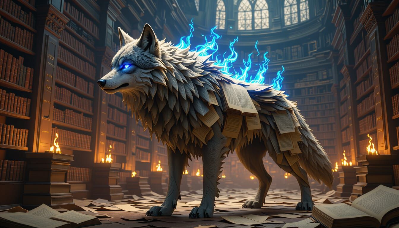 Majestic Wolf of Parchment and Books in Library