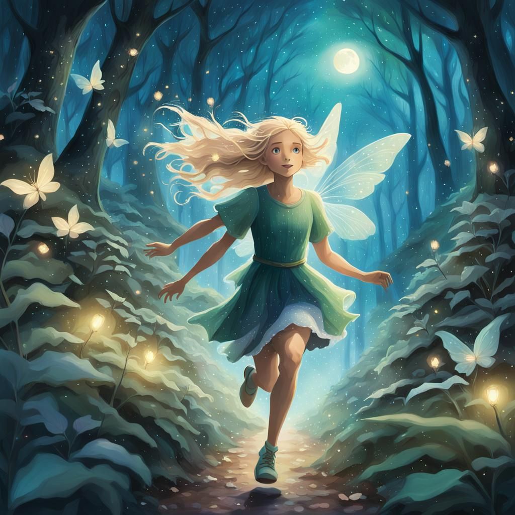 Girl Runs with Fairies in Moonlit Forest