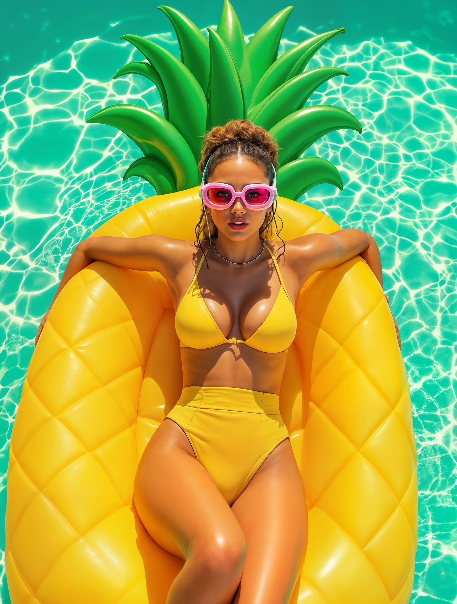 Confident Summer Goddess on Vibrant Beach Float