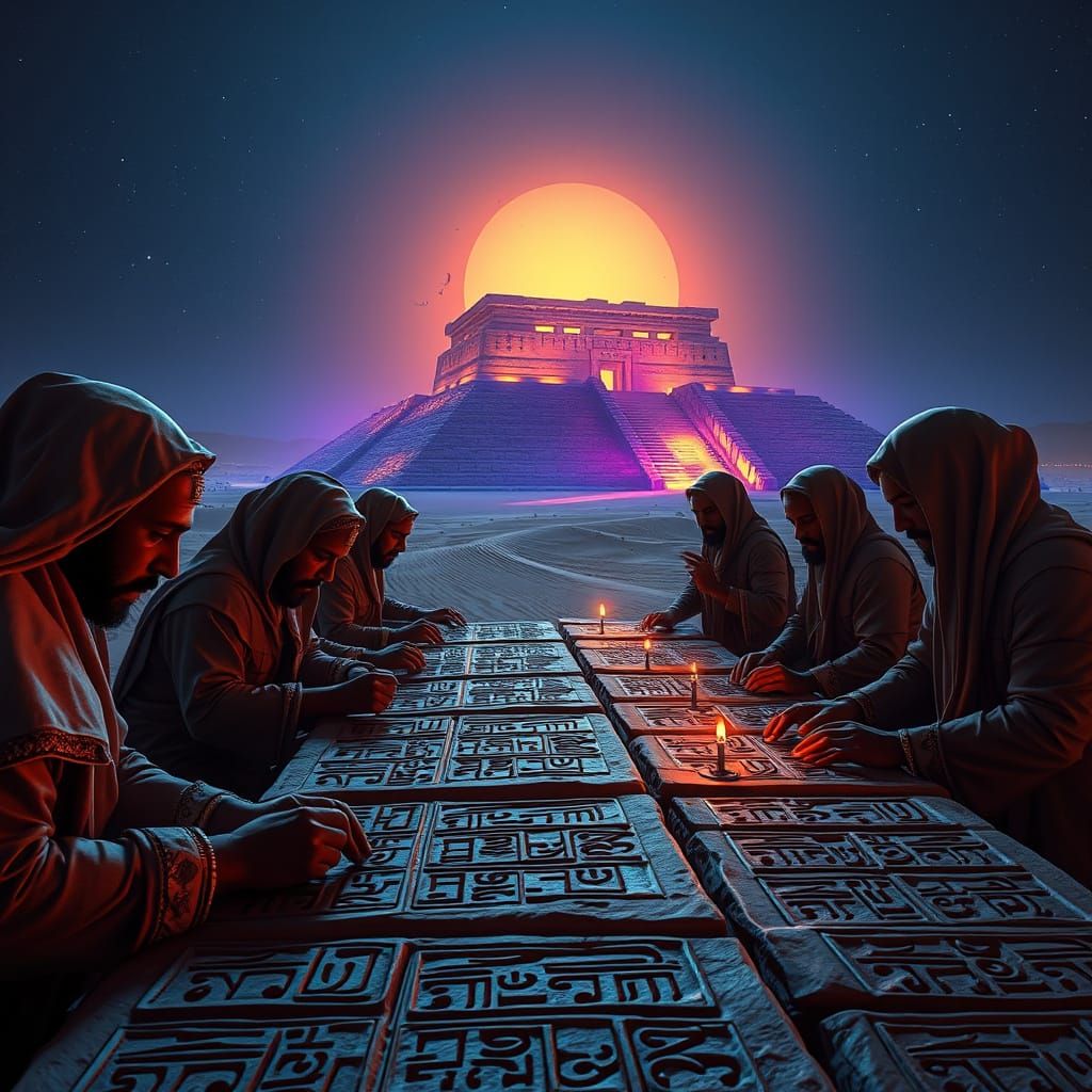 Mesopotamian Scribes Carving Cuneiform in Neon Desert Ziggur...