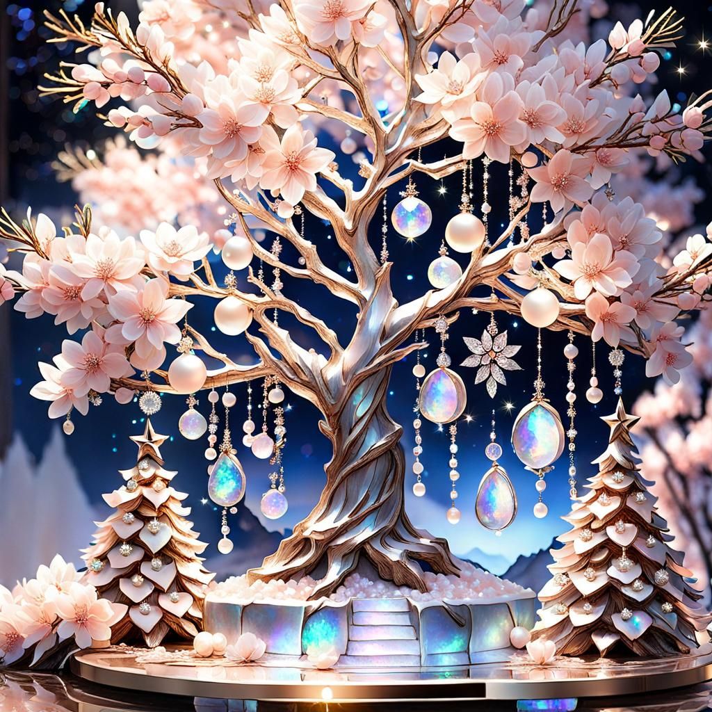 Opulent Sakura Christmas Tree with Moonstone Gems