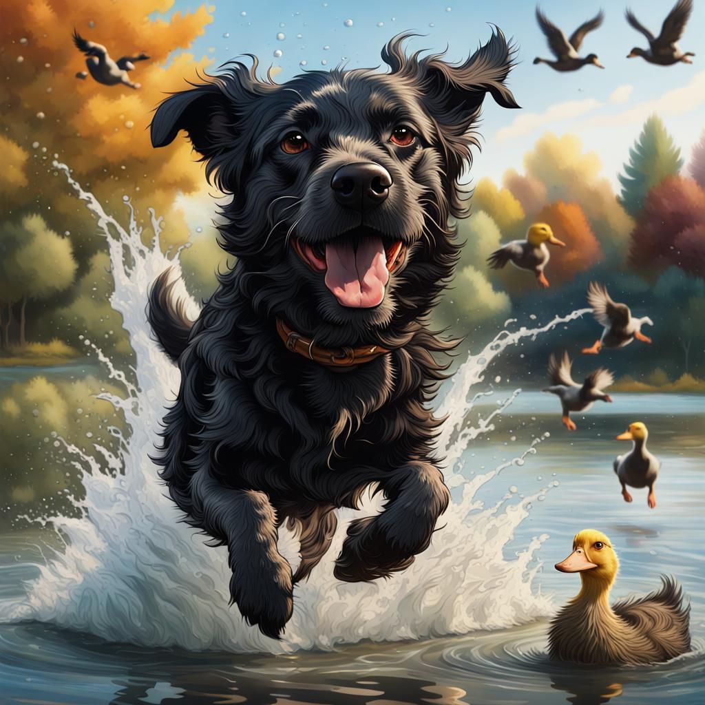 Excited Black Dog Dives into Duck Lake