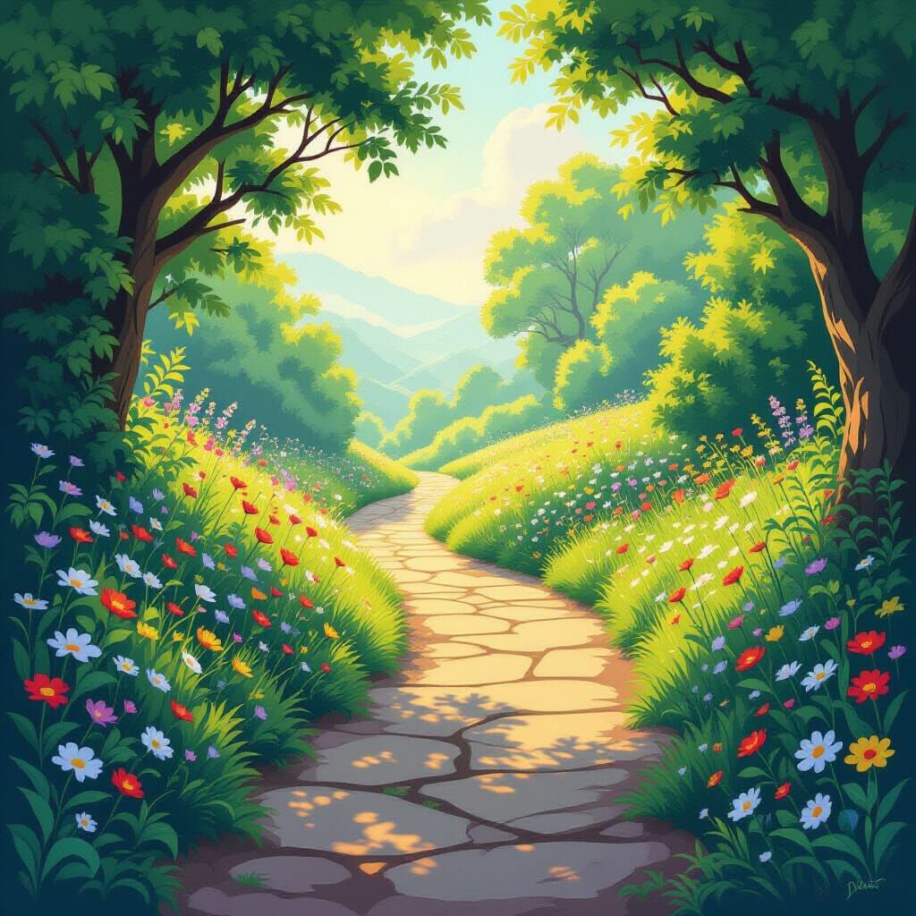 Enchanted Path with Lush Greenery and Wildflowers