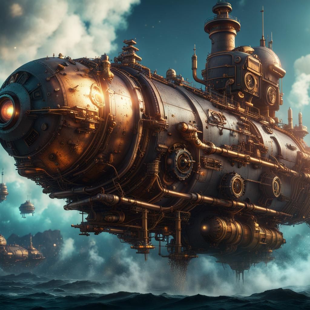 Steampunk Submarine Rockets Through Outer Space