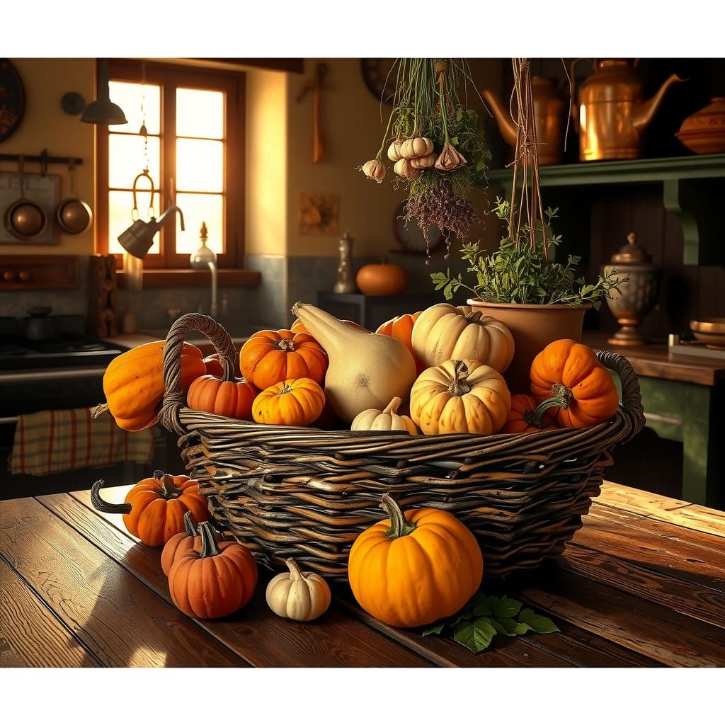 Pumpkins in Rustic Basket with Sunlit Farmhouse Charm