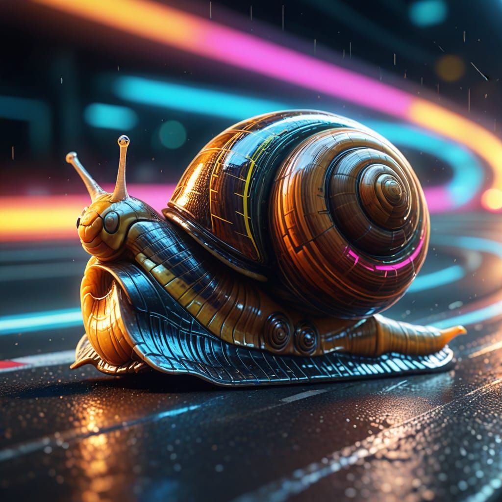 Turbo Snail Races in Neon Lights: Vibrant Digital Art