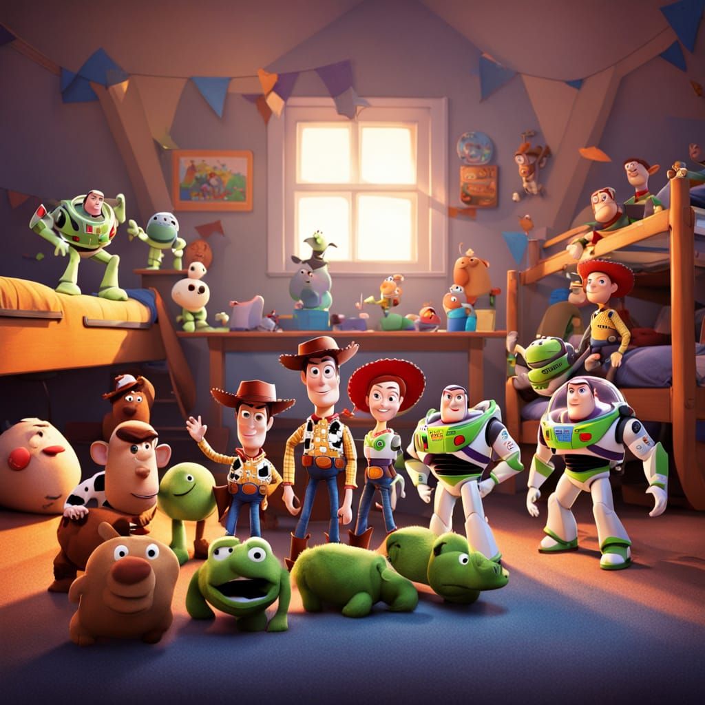 Toy Story Plush Toys on a Giant Bed in Vibrant Digital Art