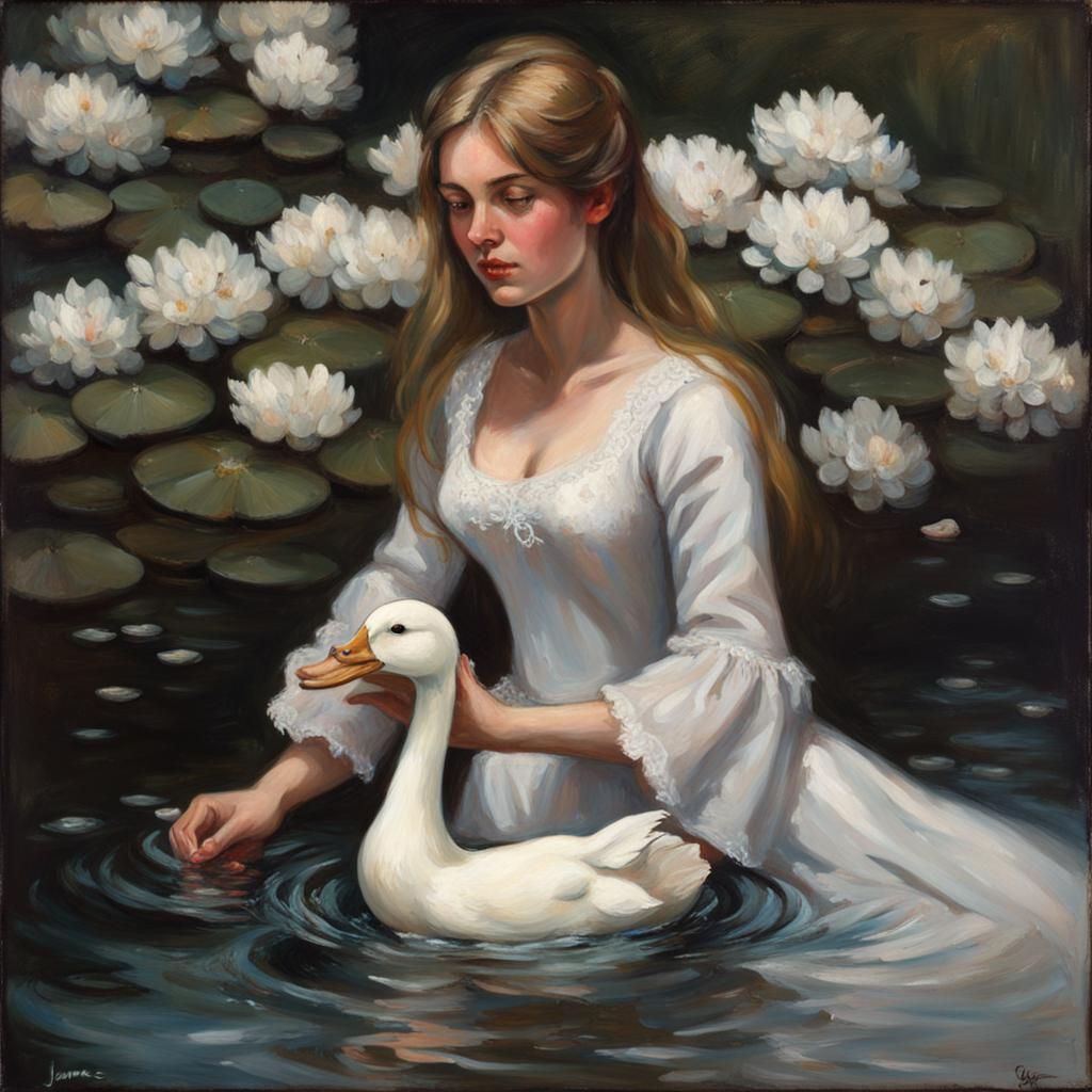 Ophelia with Duck in Pond, Oil Painting