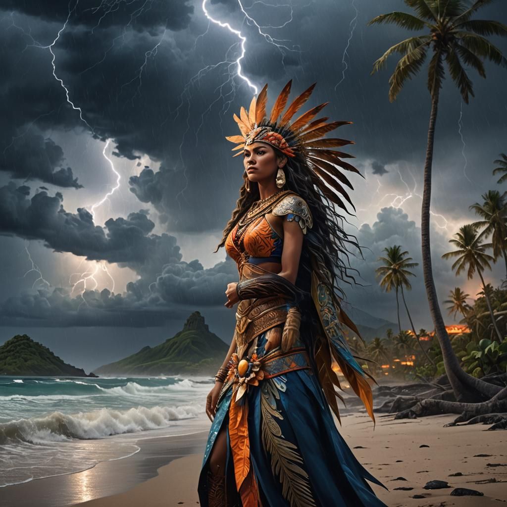 Polynesian Goddess Stands Strong on Stormy Beach