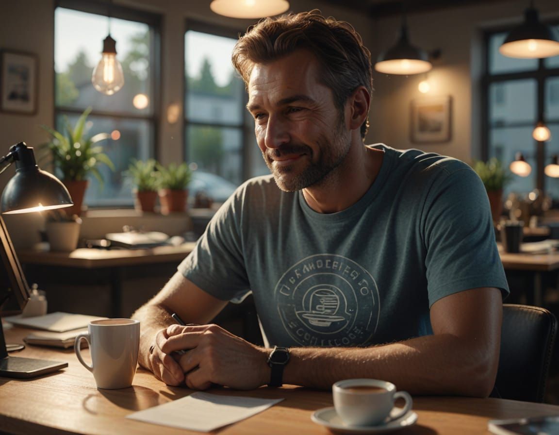 Happy Man Drinking Coffee At Desk, Cinematic Lighting