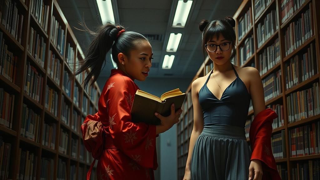 Tense Library Encounter in Cinematic Style