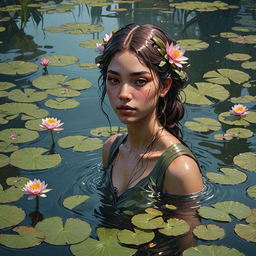 Girl in Lilypad Water: Detailed Digital Portrait